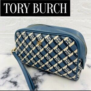 Tory Burch Wristlet Pouch Geometric T Monogram Blue Cream Gold Hardware